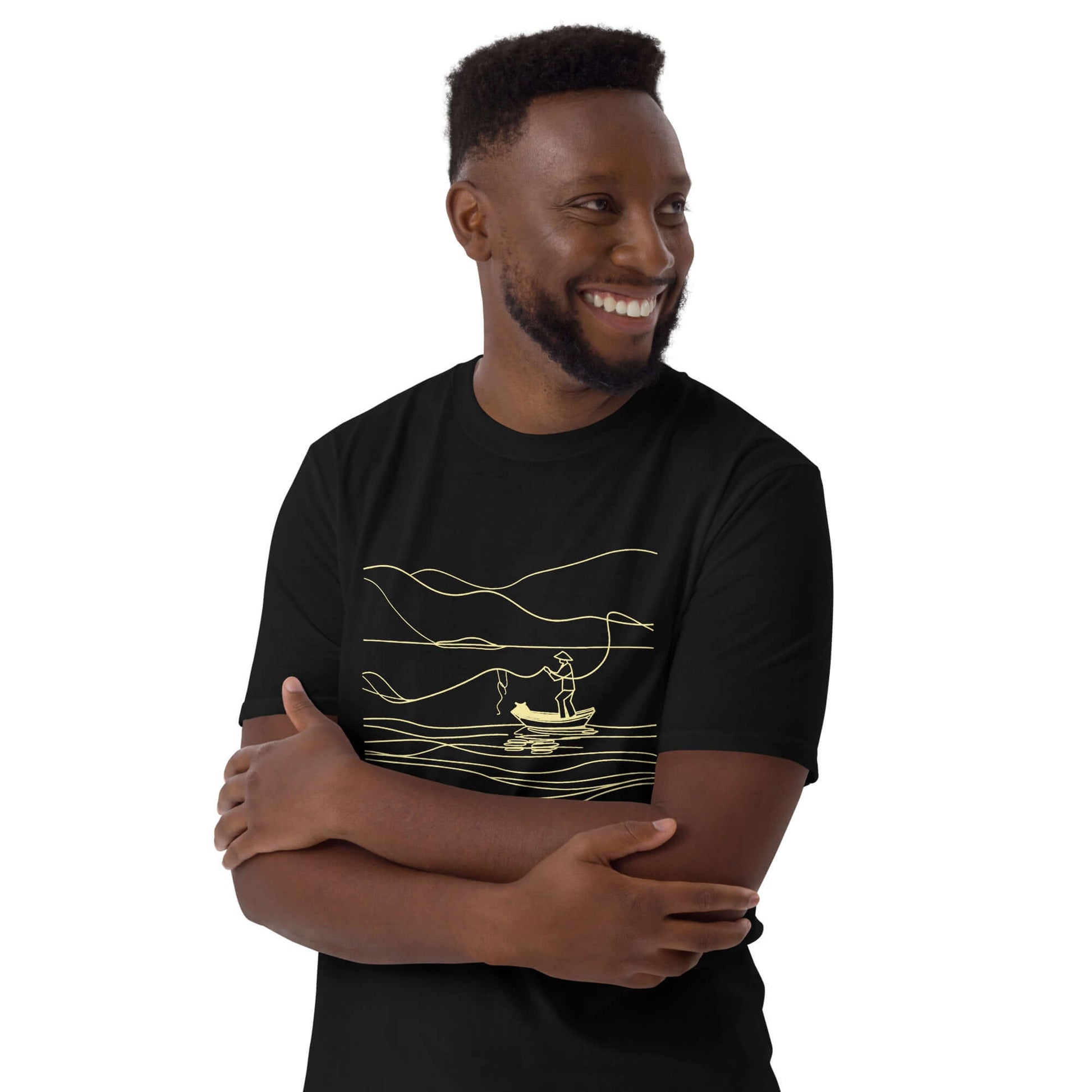 "Fishing at Dawn" Minimalist T-Shirt in Black