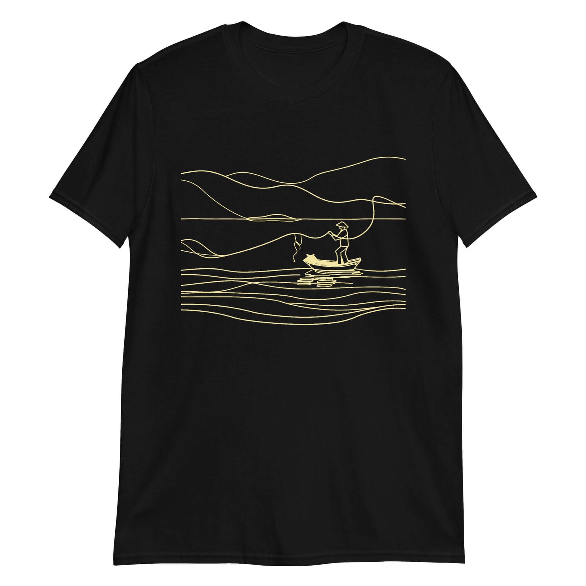 "Fishing at Dawn" Minimalist T-Shirt in Black