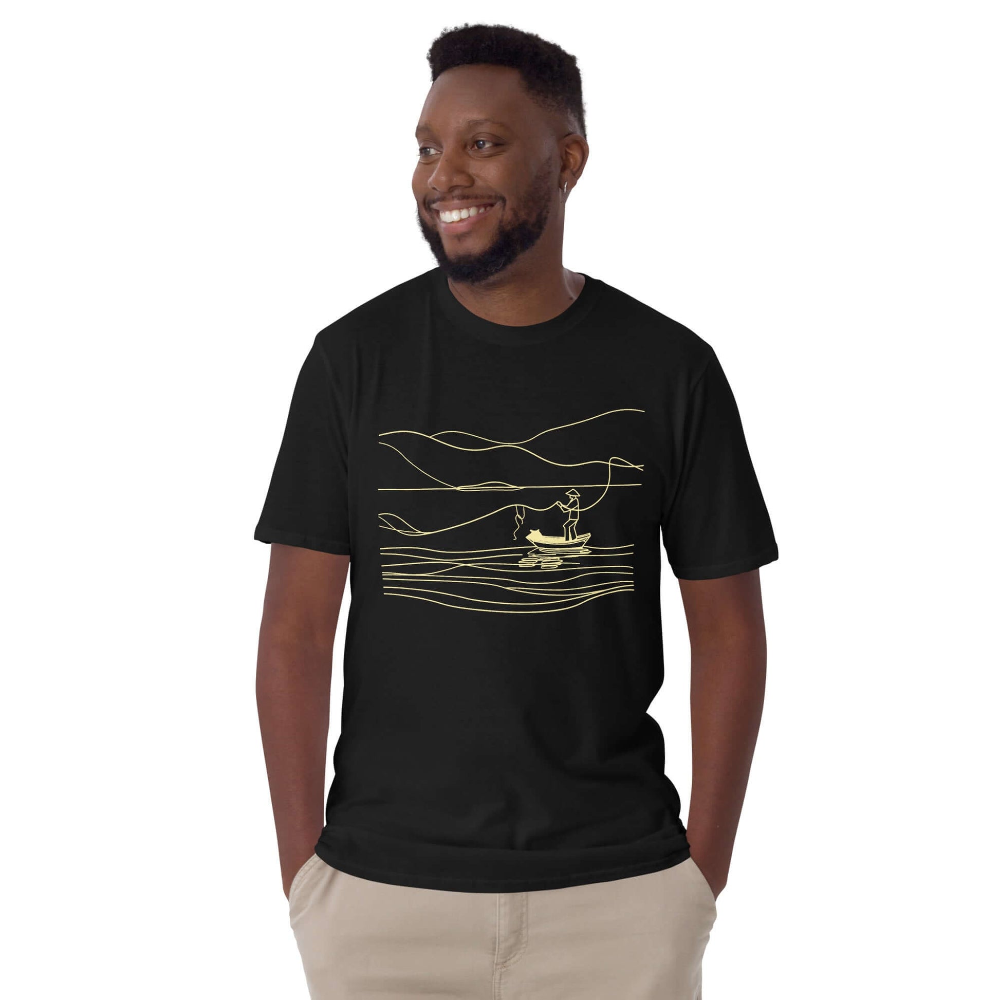 "Fishing at Dawn" Minimalist T-Shirt in Black